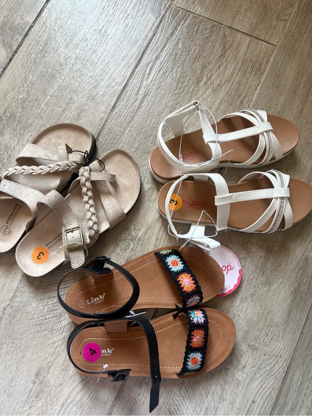 Three Pairs of Girls Sandals - White, Beige, Black with Embroidered Detail